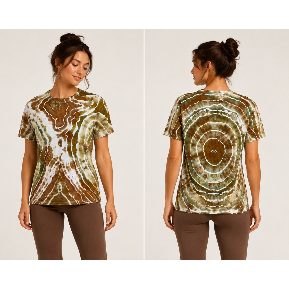 Alo‎ Yoga Short Sleeve Tee Medium Brown Green Tie Dye Ribbed Knit CUSTOM OOAK